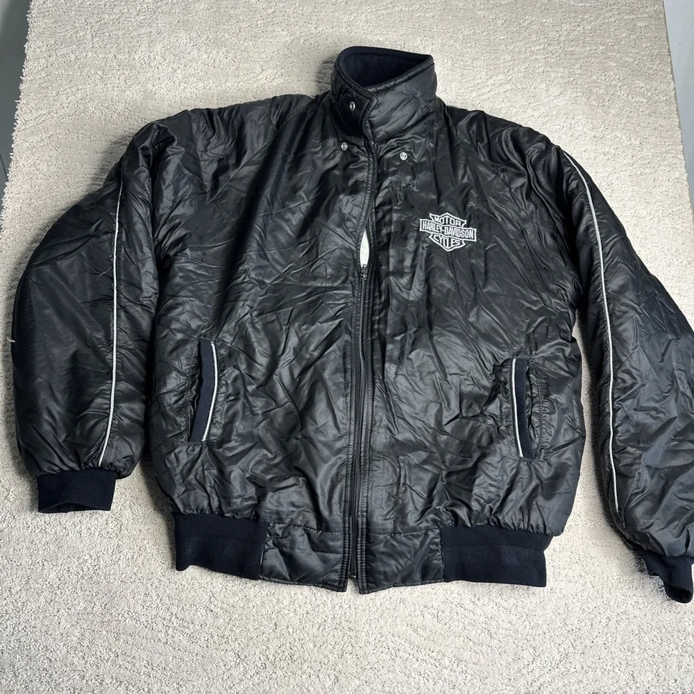 Men's Harley Davidson Large Black Puffer Bomber Full Zip Coat Jacket Made In USA